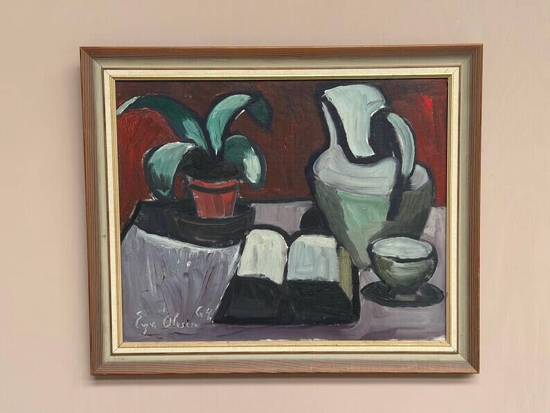 Original Swedish Oil on Canvas – “Pitcher and Plant” by Evy Olesen