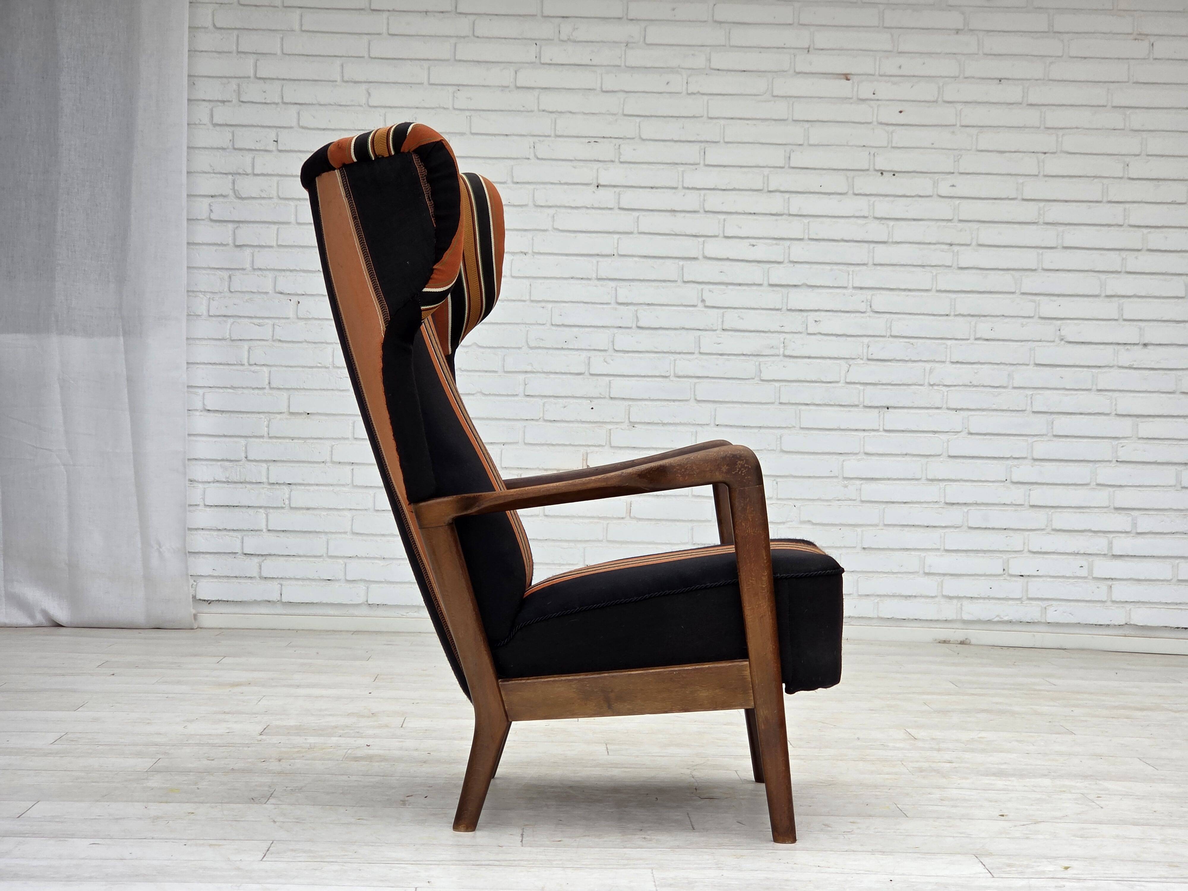1960s, Danish highback armchair by Fritz Hansen, furniture wool, beech wood