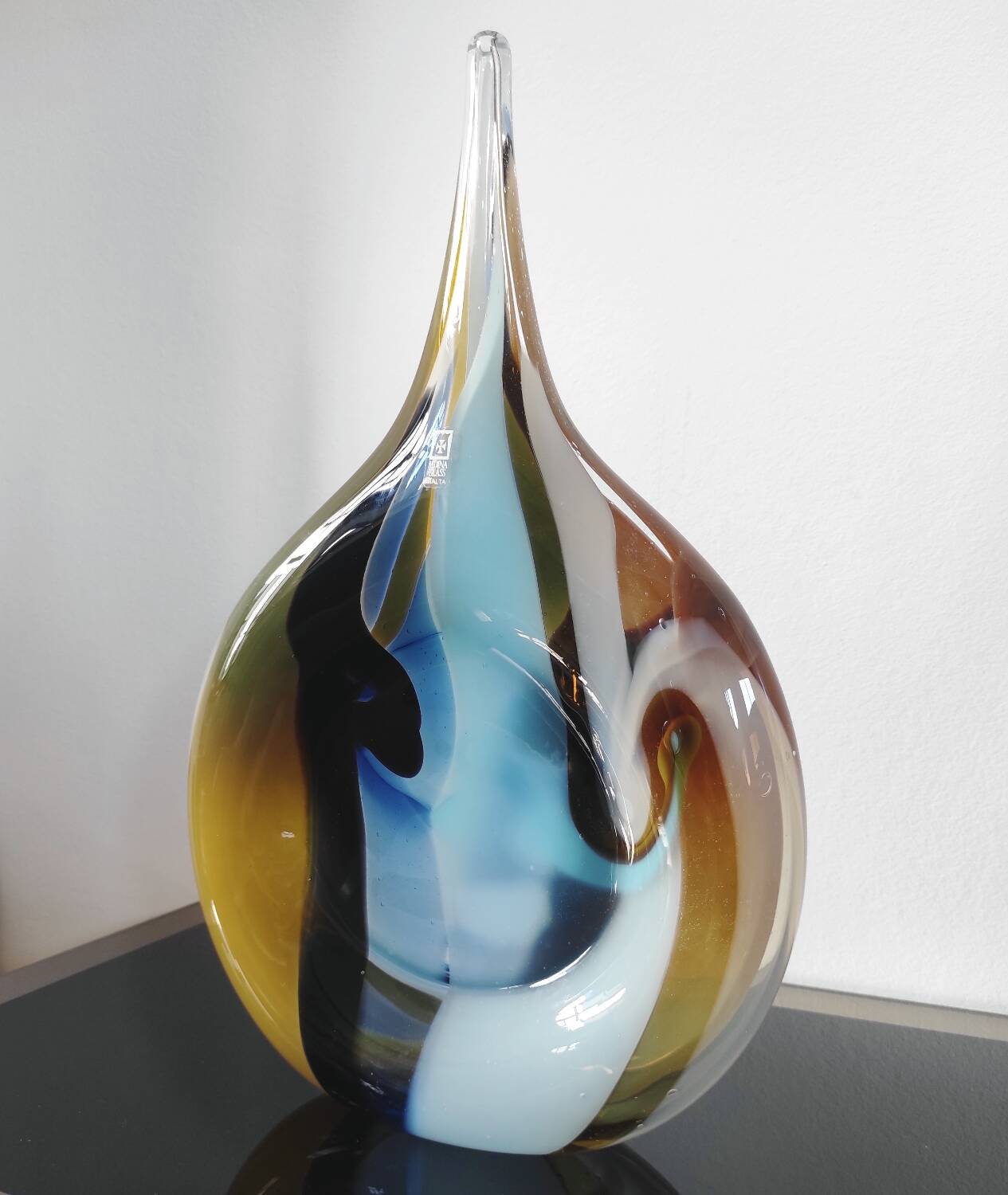 Large sculptural drop vase made of blown glass signed Mdina Glass Malta.