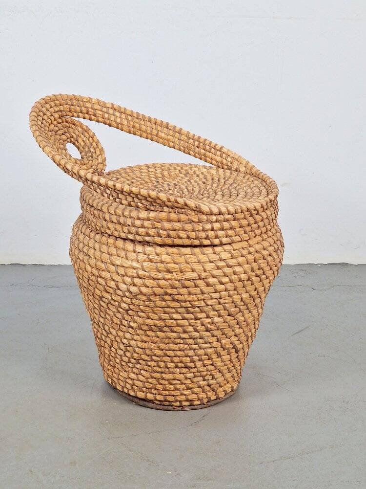 Vintage Straw and Wicker Stool with Storage Basket, 1960s