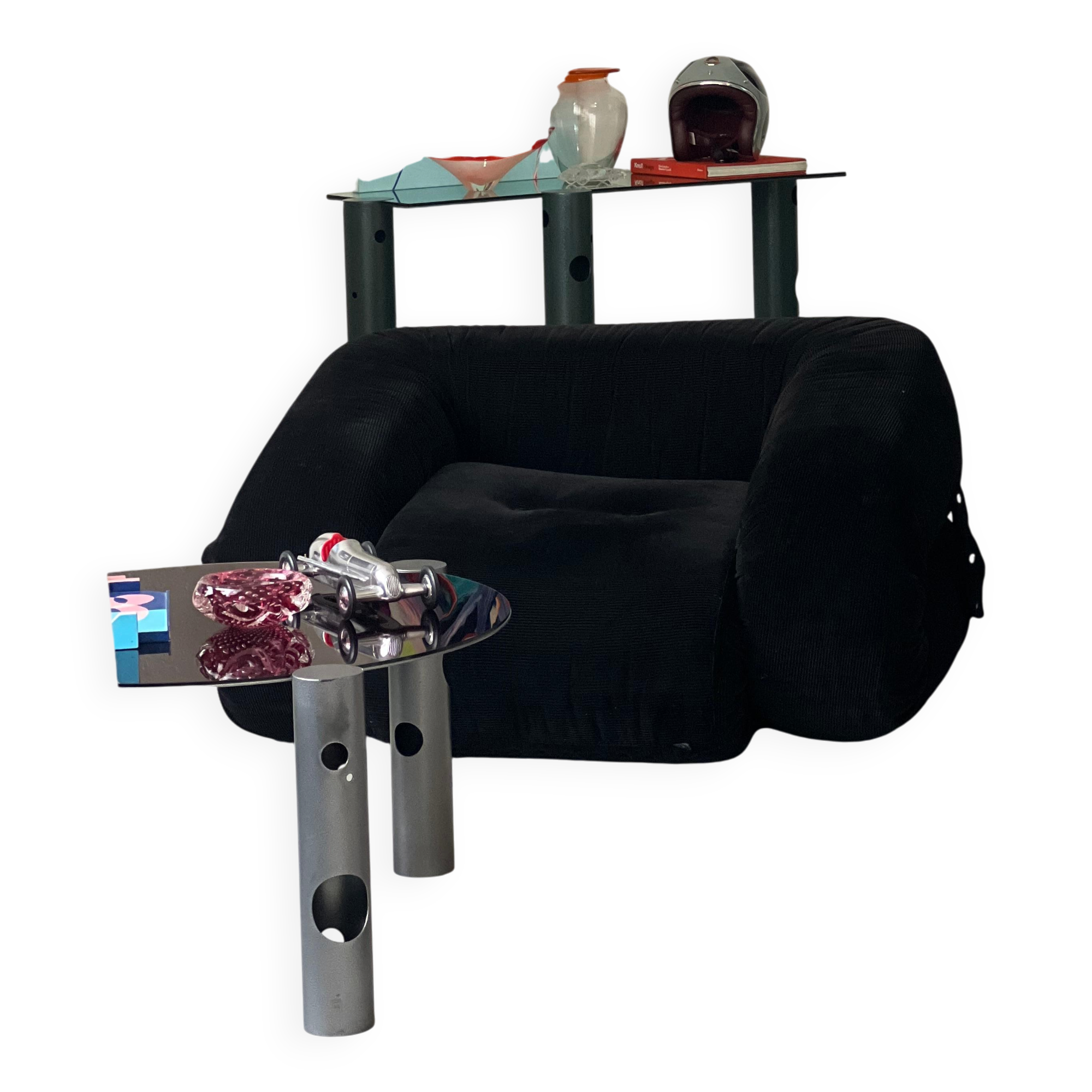 Collectible Anfibio Sofa Bed, black velvet lounge chair, Italian Space Age