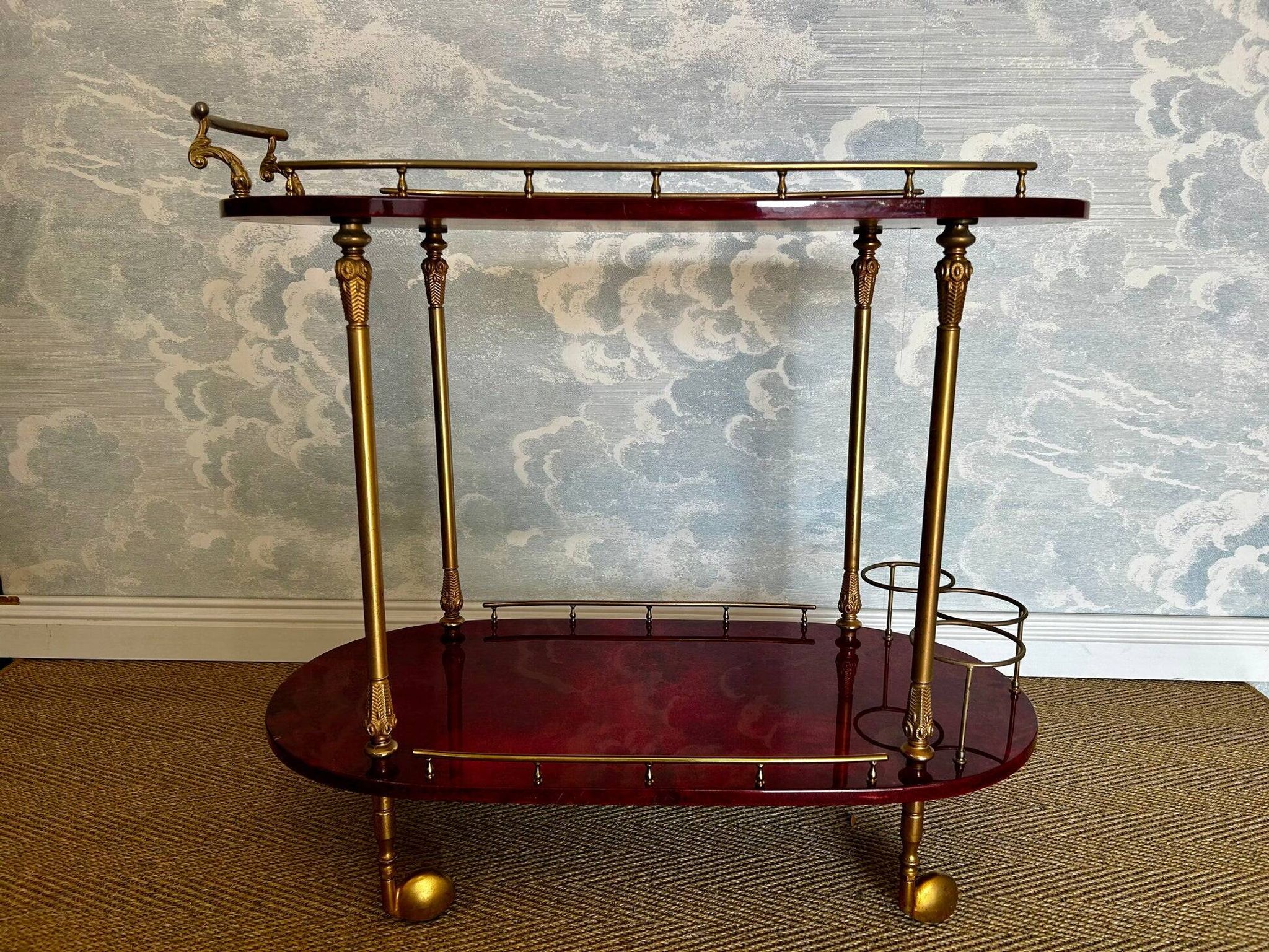Cherry-red bar cart by Aldo Tura, Italy, 1960s, Hollywood Regency