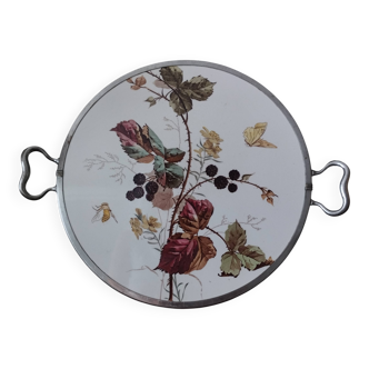 Ancien plateau rond en faïence terre de fer polychrome, fleurs et insectes.