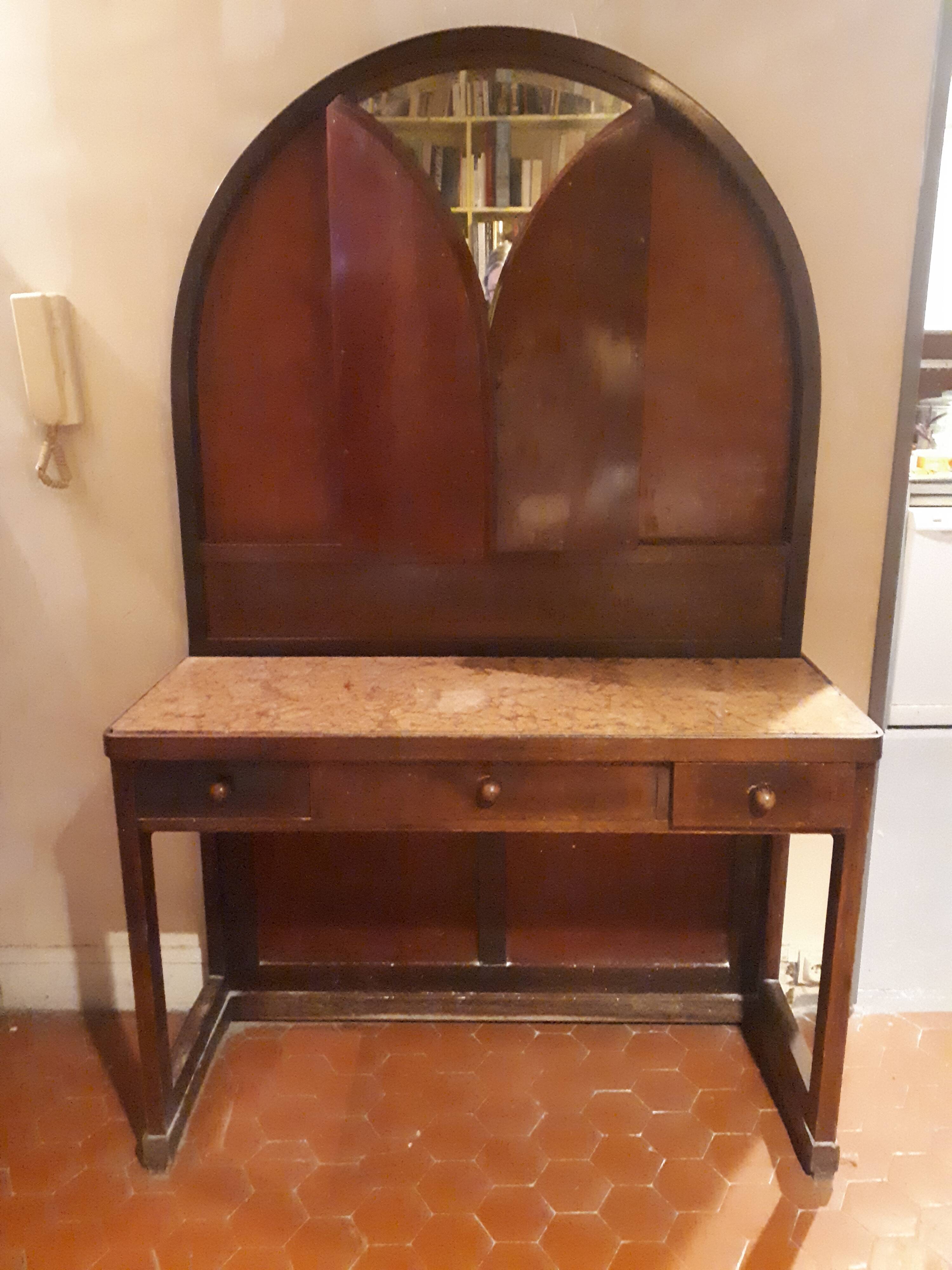 Wooden dressing table Courbet marquetry chevrons art deco Austrian