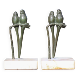 Vintage bookends, bronze parrot green patina onyx base, animals