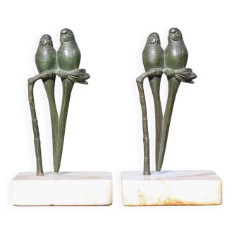 Vintage bookends, bronze parrot green patina onyx base, animals