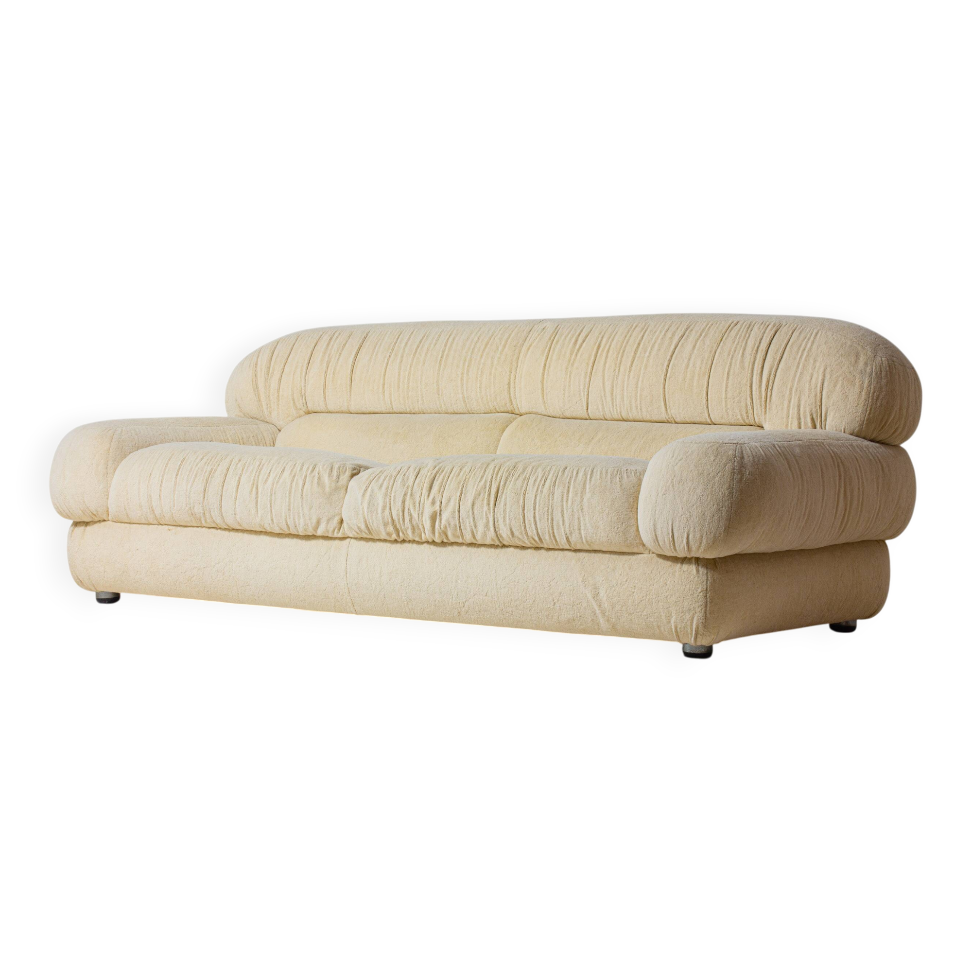 Luxurious plush 3-seater sofa in vanilla fabric, Italy 1970s