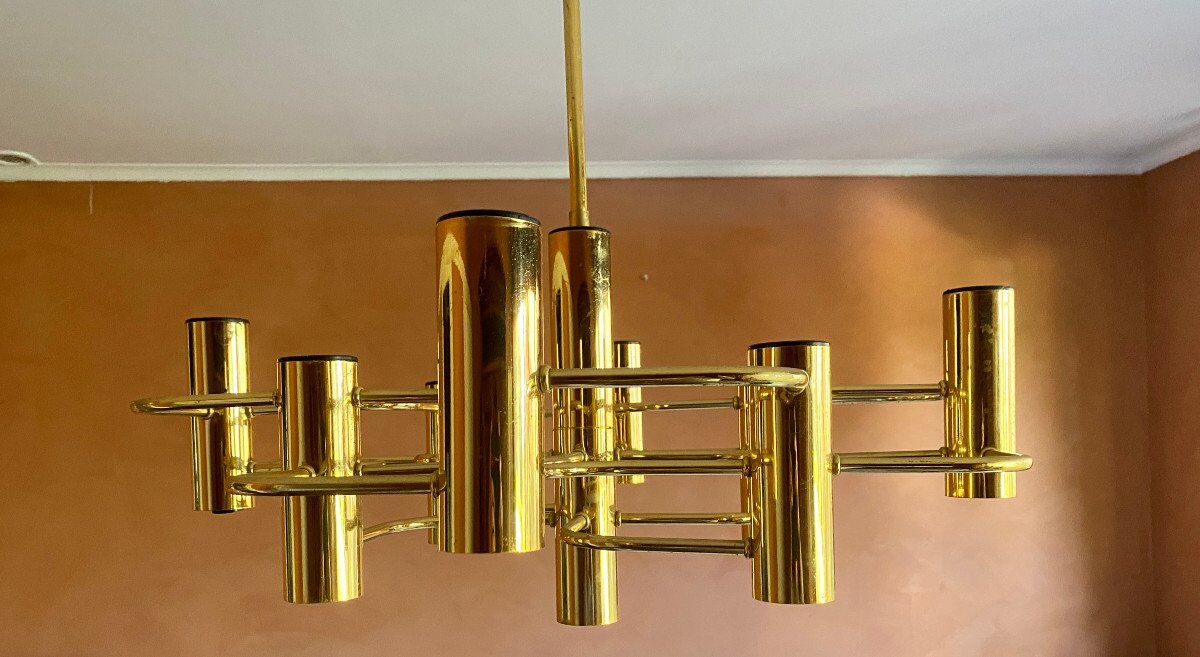 Golden chandelier 9 fires from Sciolari Italy 1960