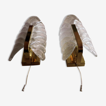Pair of mid century brass and frosted glass wall lights by Carl Fagerlund for Orrefors