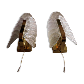 Pair of mid century brass and frosted glass wall lights by Carl Fagerlund for Orrefors