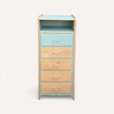 Vintage tall chest of drawers in raw wood and grey-blue from the 1950s.