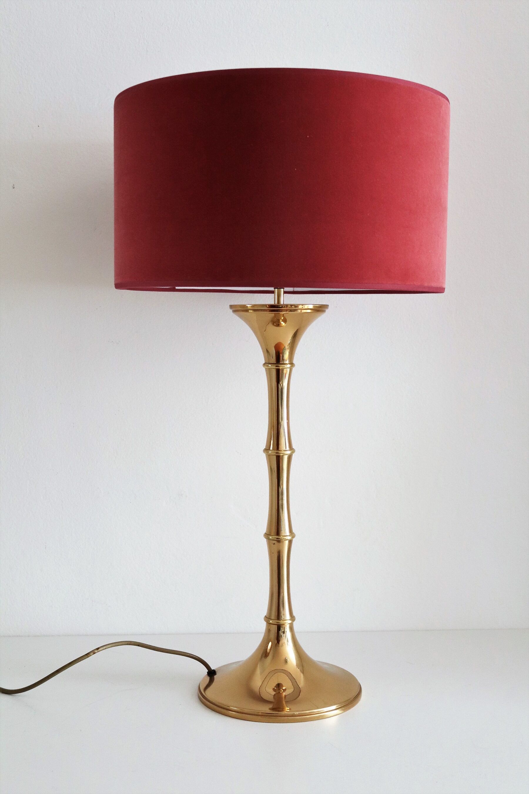 Brass bamboo table lamp by Ingo Maurer with velvet lampshade, 1960