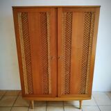 Armoire chêne et rotin tressé 60's