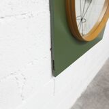 Unusual round wall mirror 60 cm teak edge on green rectangular board 1960.