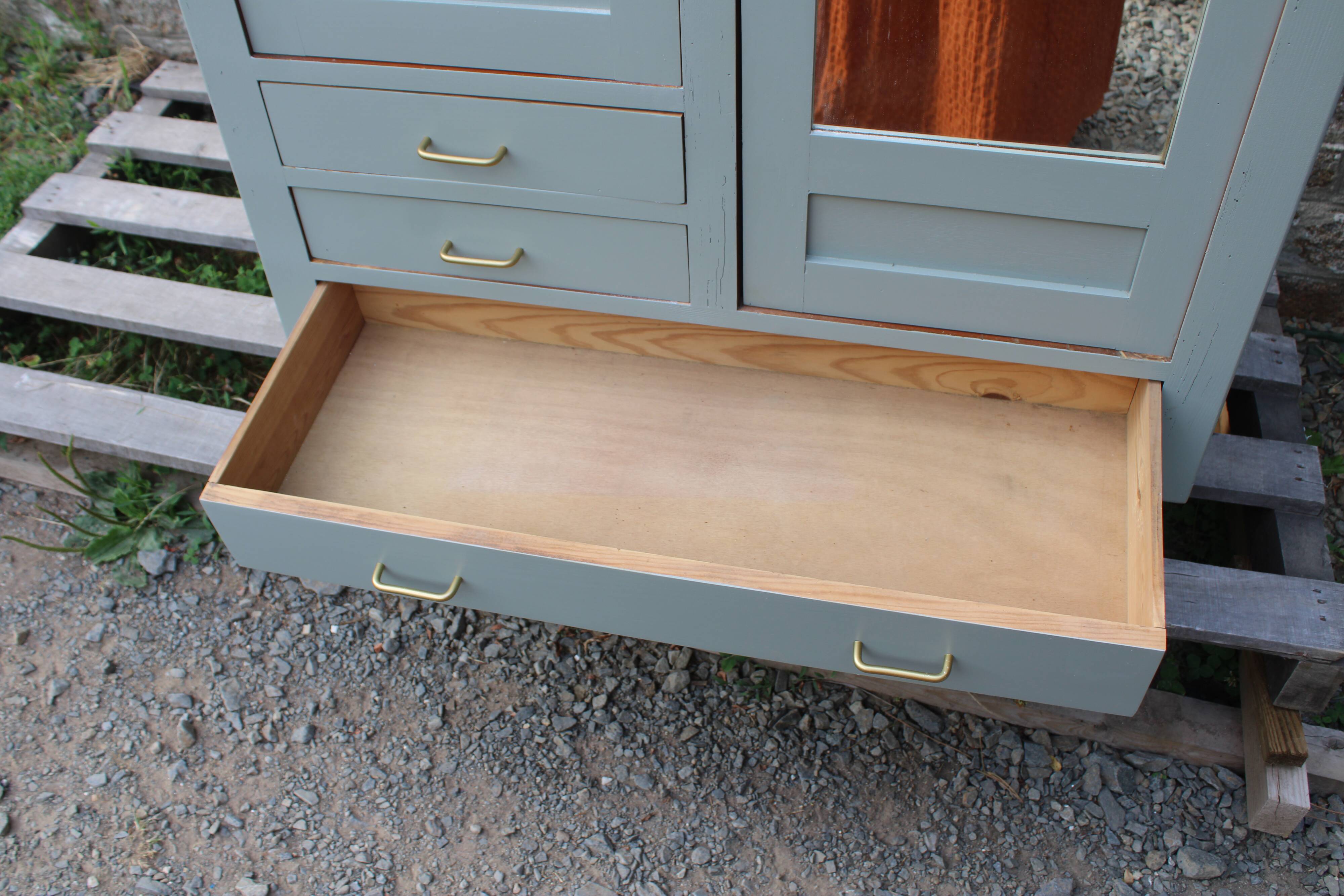 Vintage Parisian wardrobe in sage green – Mirror, hanging space and drawers