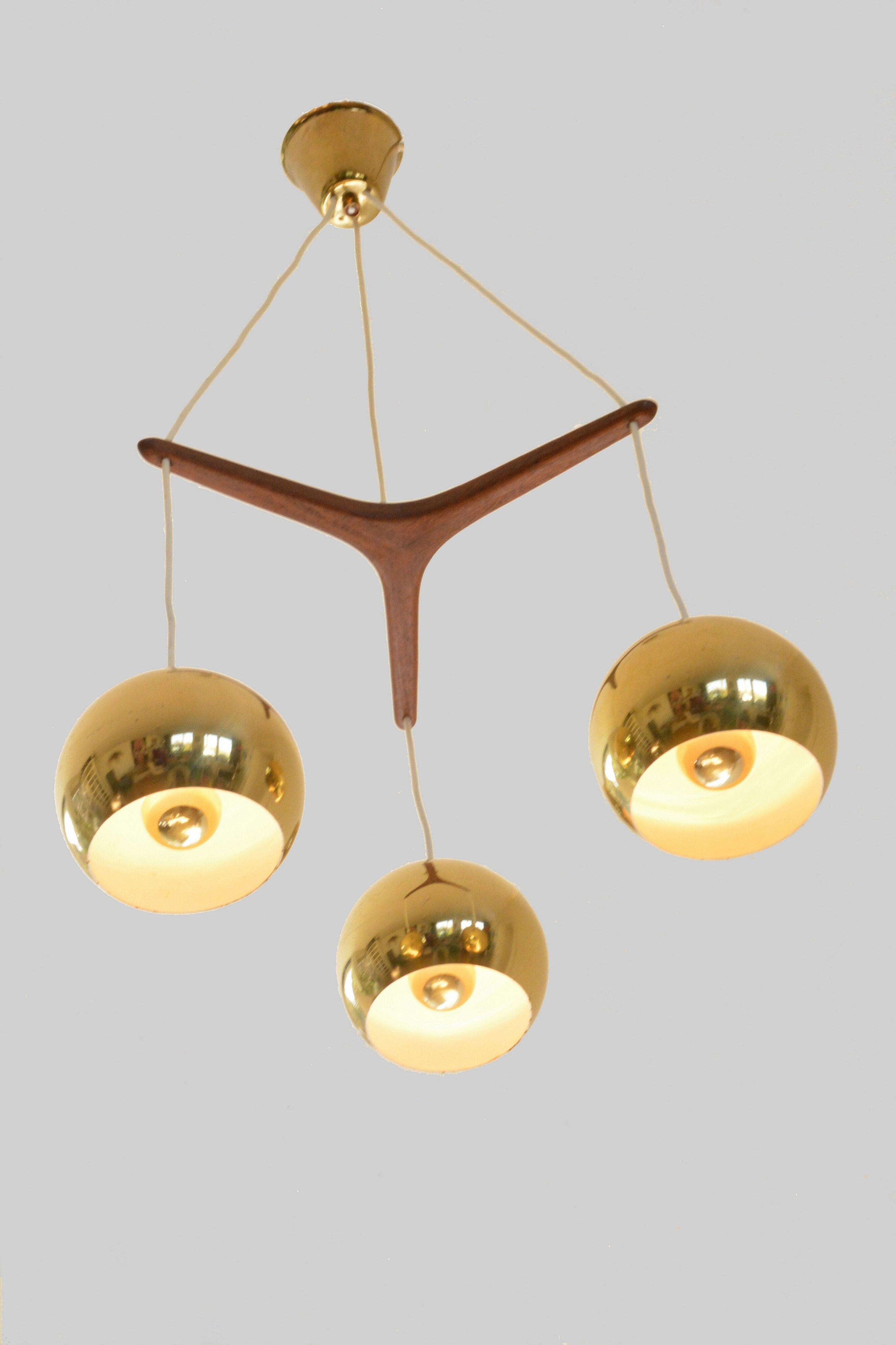 Scandinavian pendant lamp, brass and teak, 60s