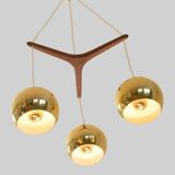Scandinavian pendant lamp, brass and teak, 60s