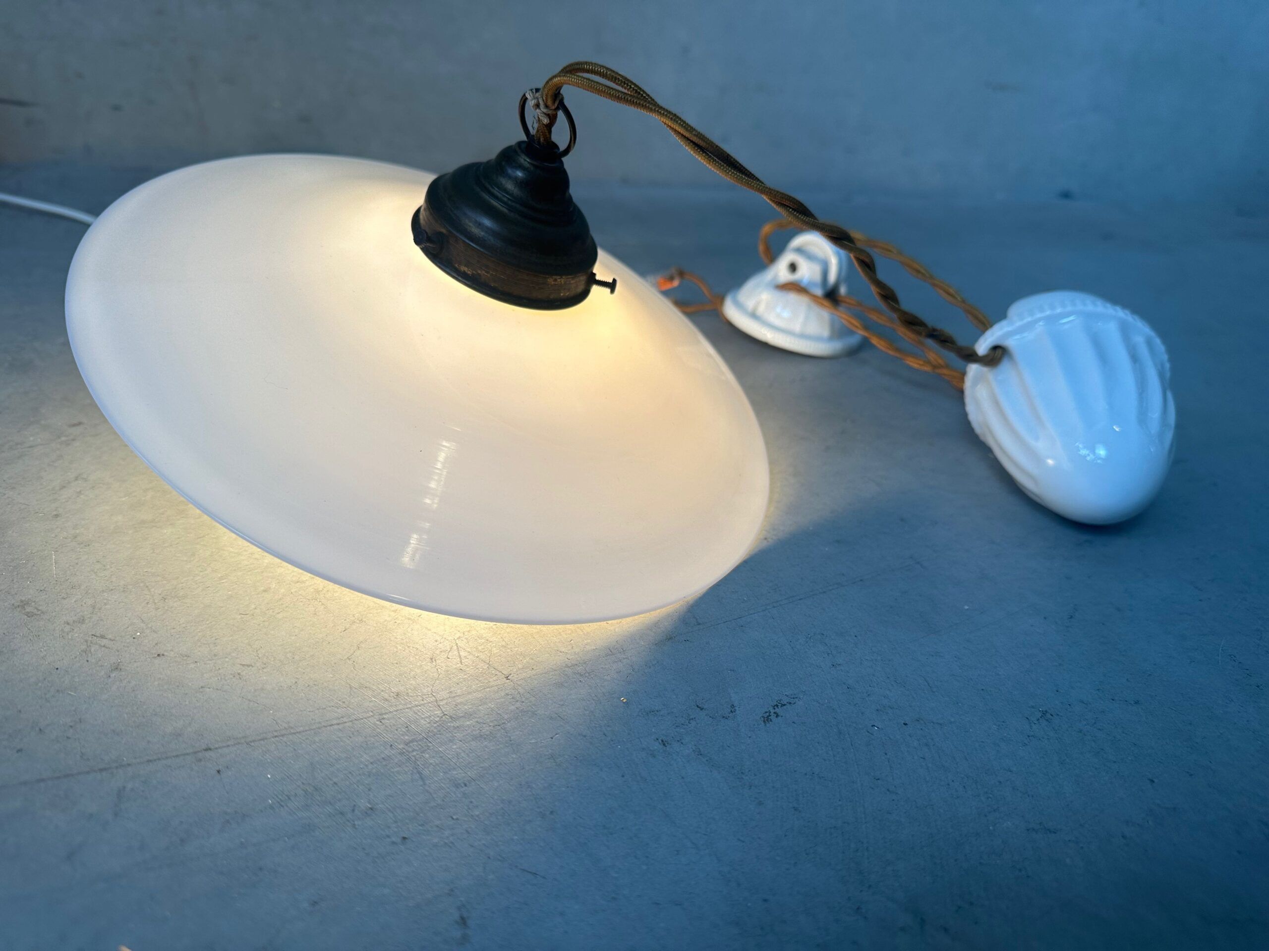 Antique adjustable pendant lamp – opaline and porcelain