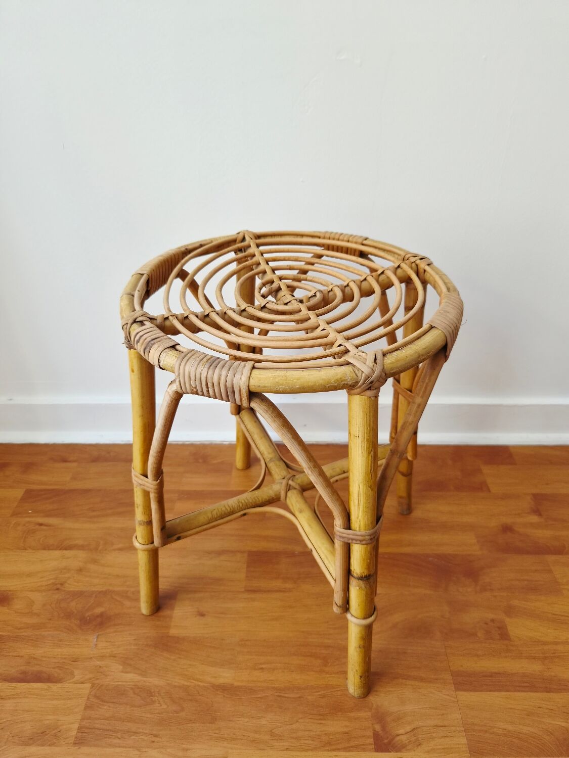 Vintage rattan stool in retro bohemian style - 1950s/1960s -