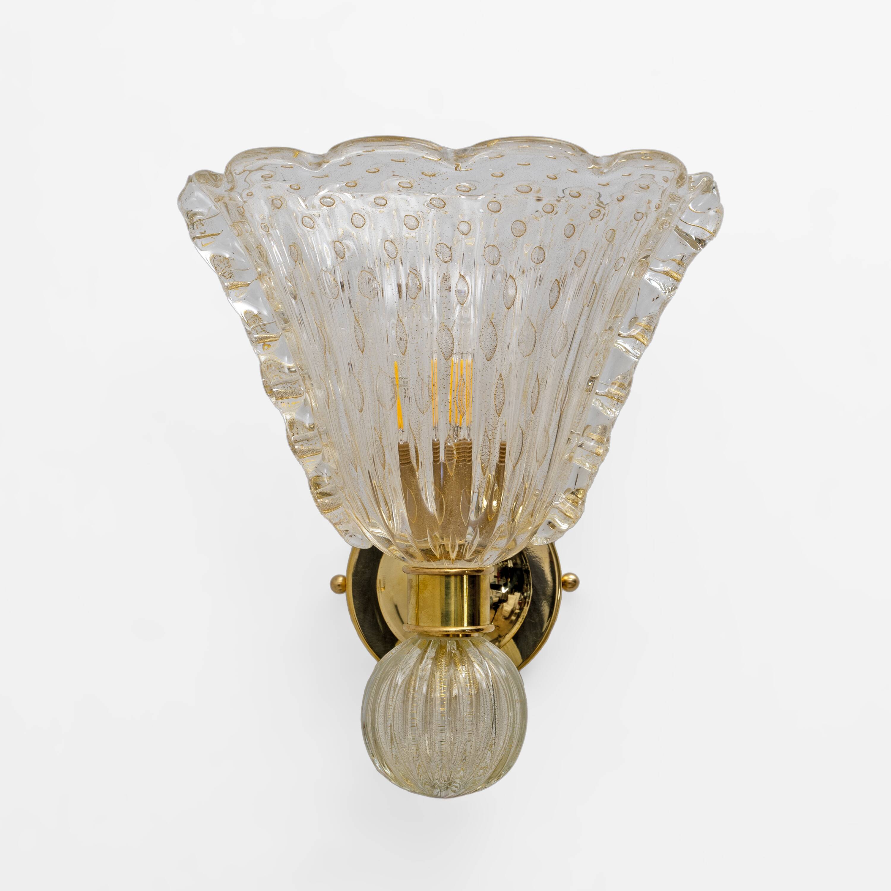 Attributed to Barovier & Toso Brass and Pulegoso Murano Glass Sconces, Pair