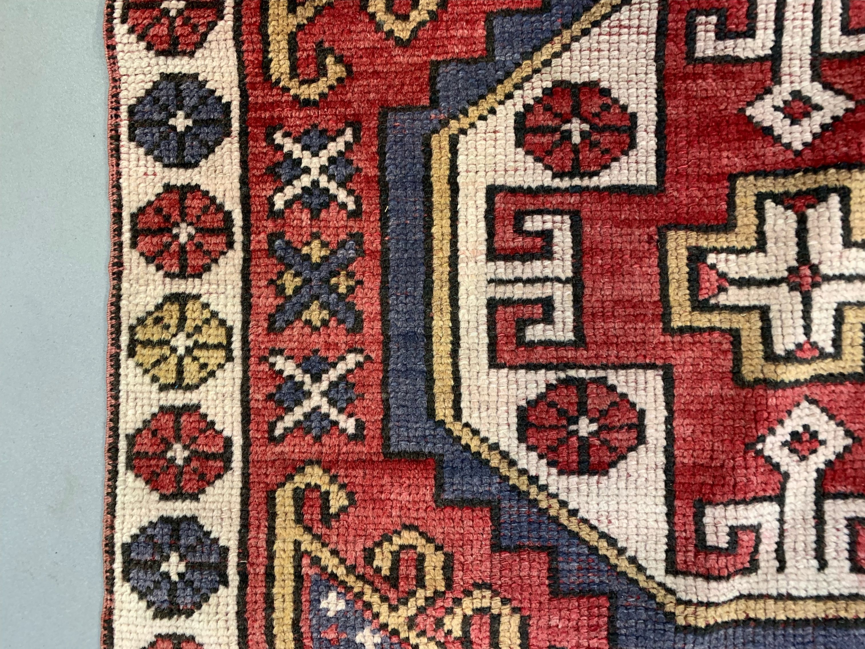 Vintage turkish runner 235x80 cm kazak rug, terracotta red, beige blue