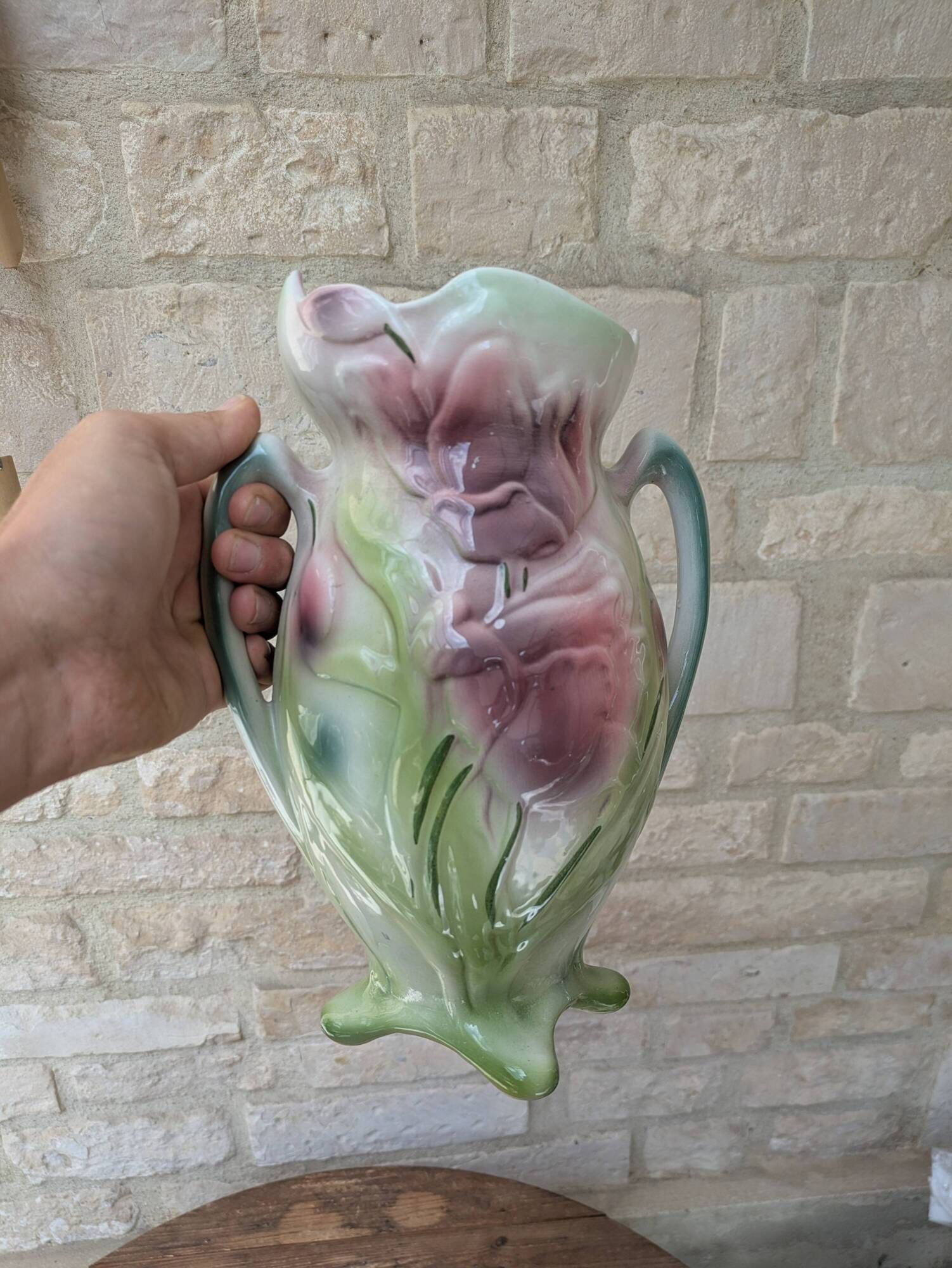 Art Nouveau barbotine vase Gerber Prestige Paris with floral decoration