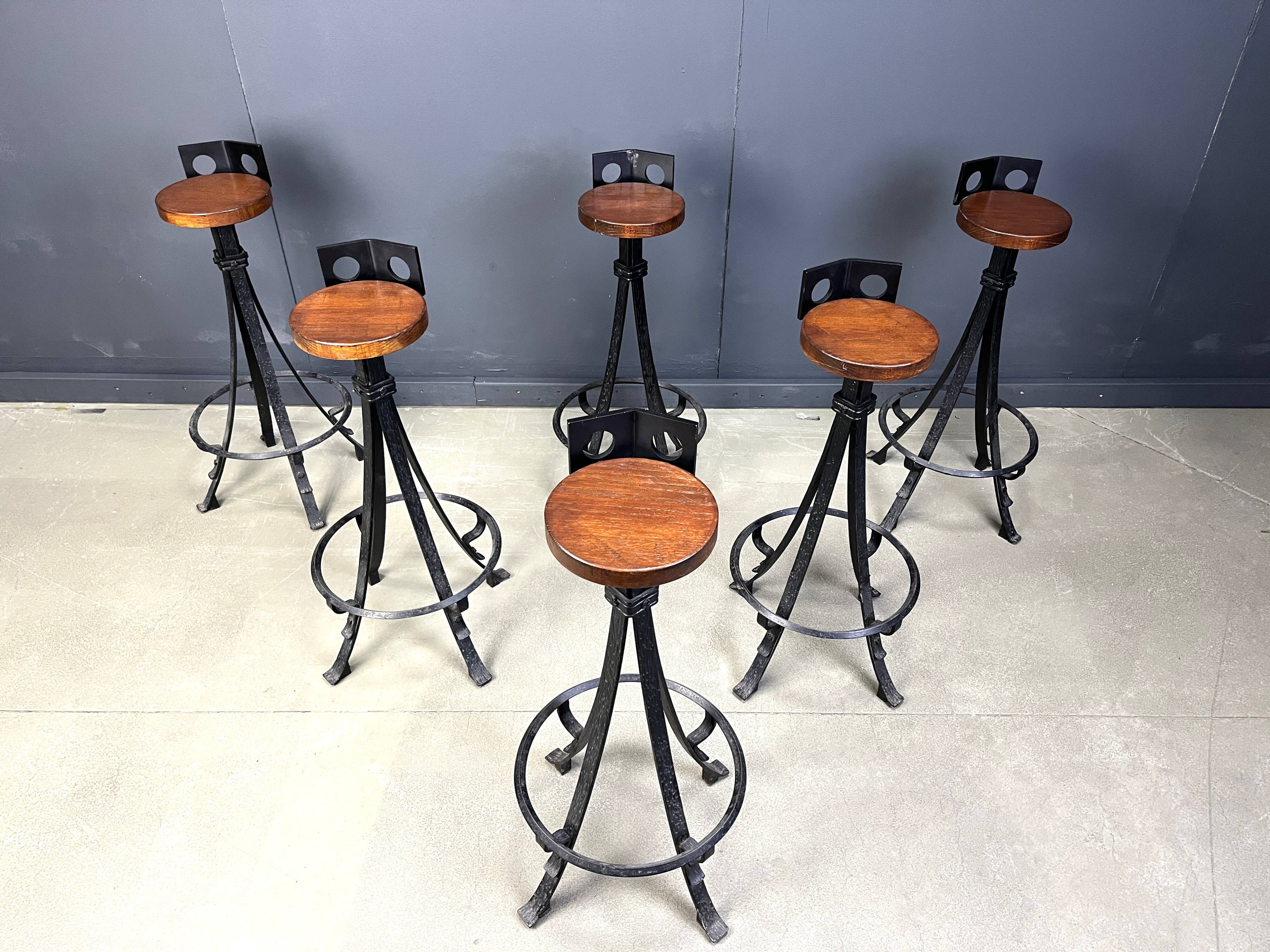 Vintage brutalist wrought iron bar stools, 1970s - set of 6