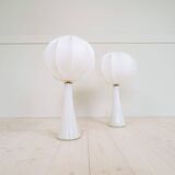 Pair of mid-century opaline glass table lamps with cotton shades by Bergboms, Sweden, 1960.