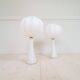 Pair of mid-century opaline glass table lamps with cotton shades by Bergboms, Sweden, 1960.