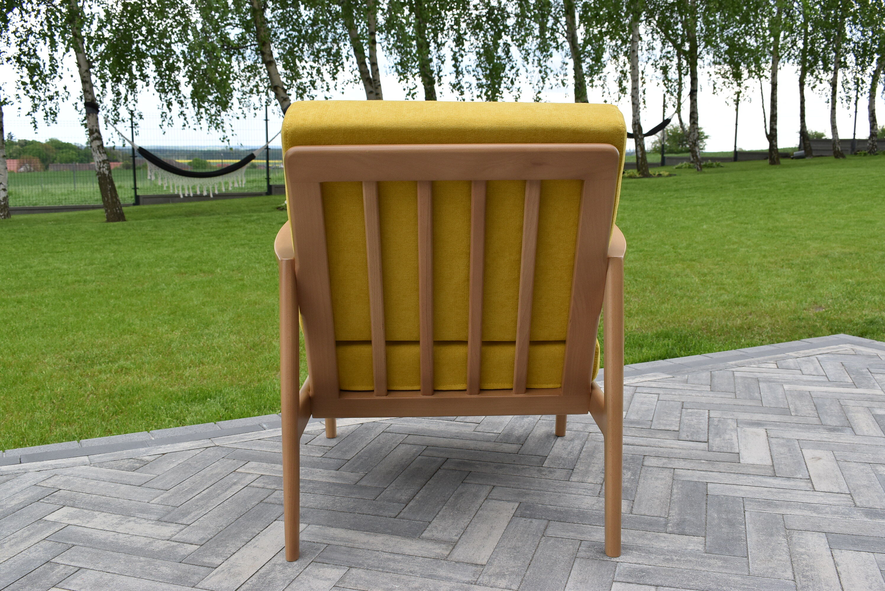 Scandinavian armchair, yellow fabric, natural wood