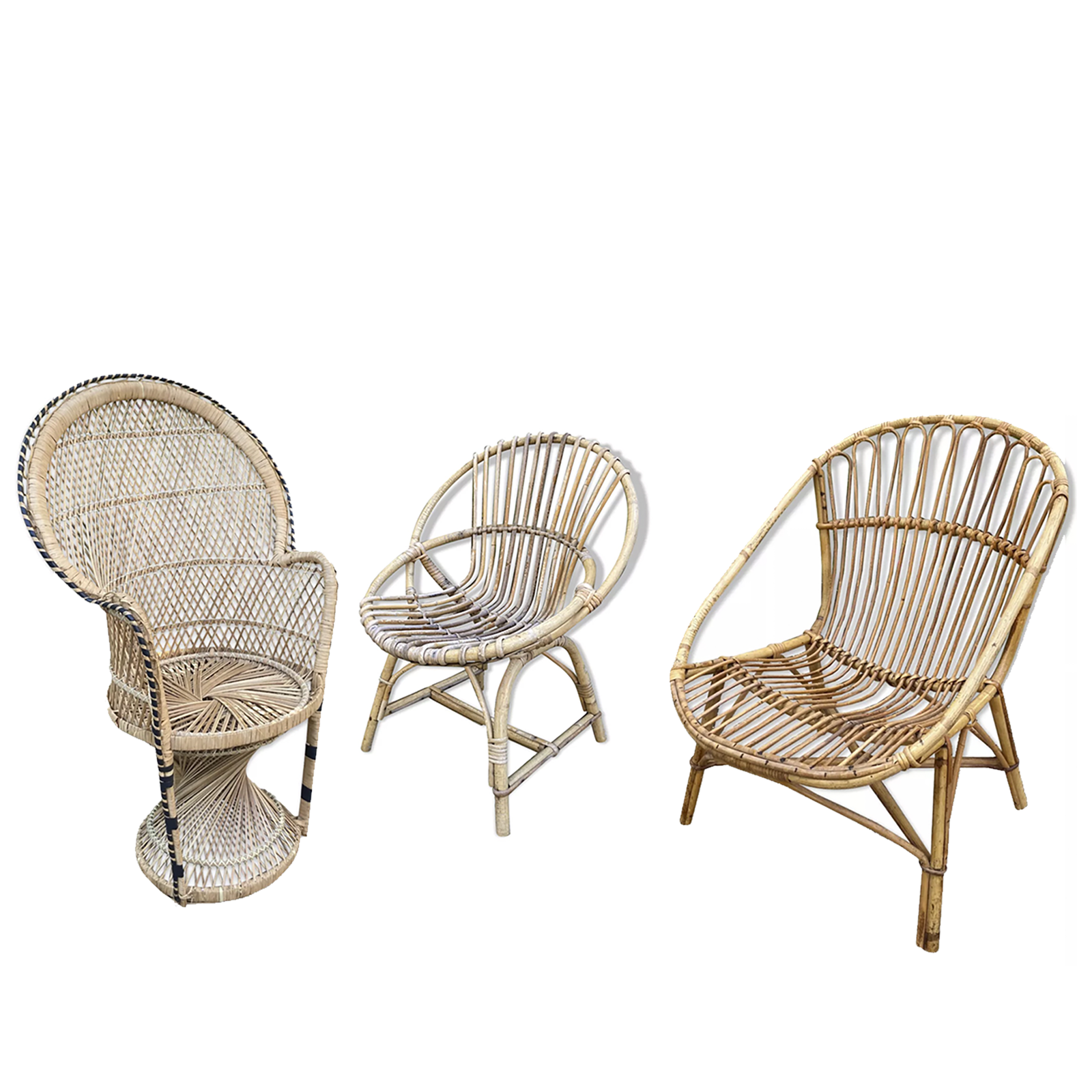 Set of 3 vintage rattan armchairs