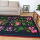 Handwoven summerish floral rug, black background with colorful delicate flowers 152x238cm