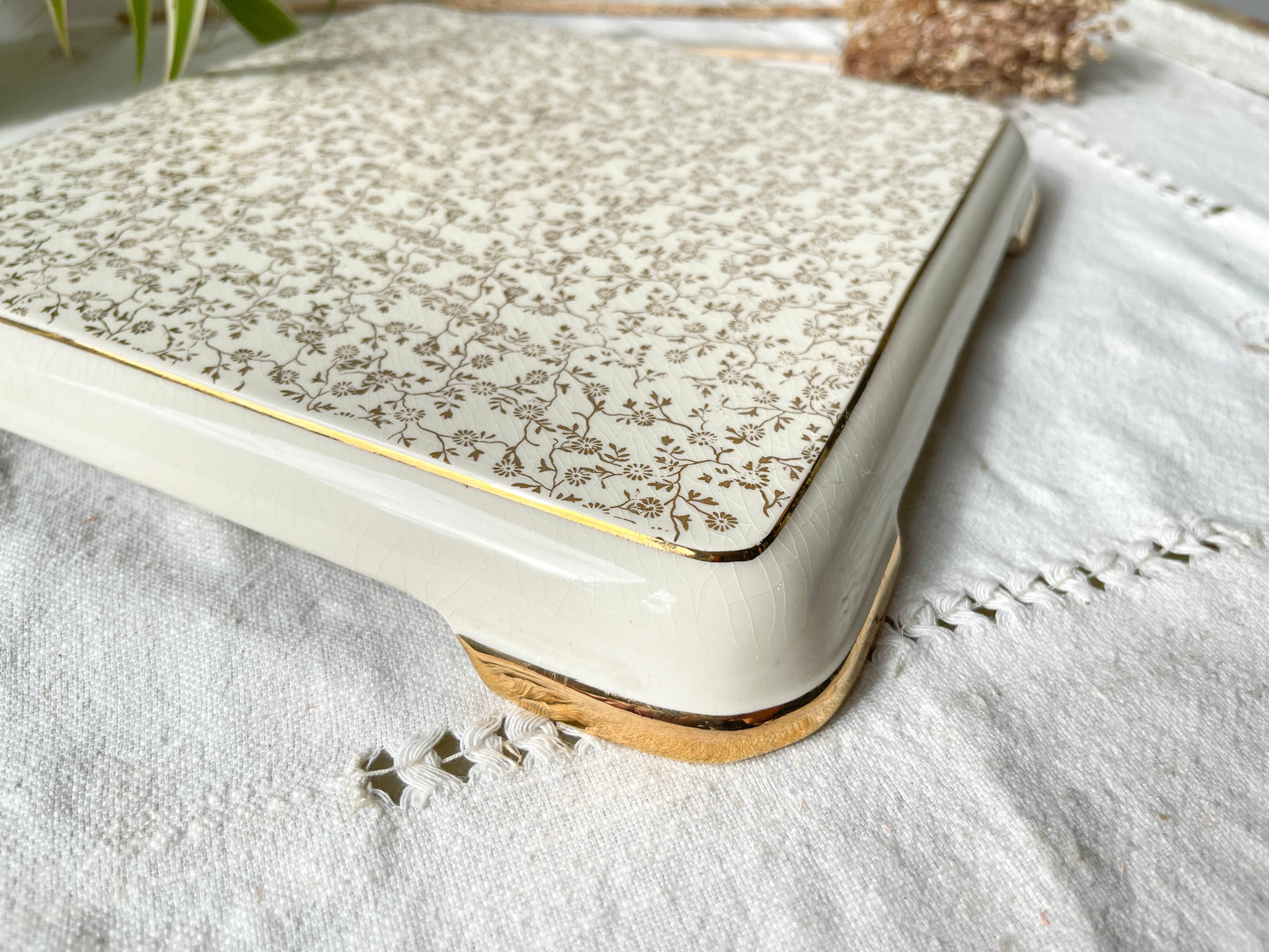 Vintage trivet in golden white floral earthenware Villeroy&boch