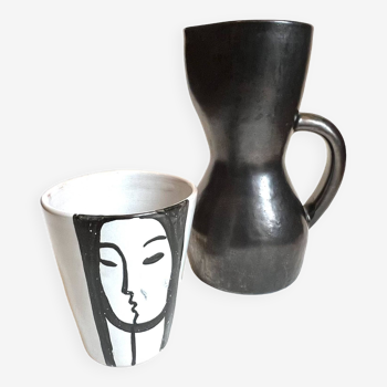 Odette Gourju - Ljuba Naumowitch Atelier du Grand Chêne: Ceramic pitcher and glass 1950.