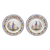 Pair of decorative earthenware plates FAB Quimper Bretagne signed Breton couple
