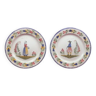 Pair of decorative earthenware plates FAB Quimper Bretagne signed Breton couple