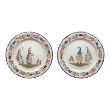 Paire assiette décorative faïence FAB Quimper Bretagne signé couple breton