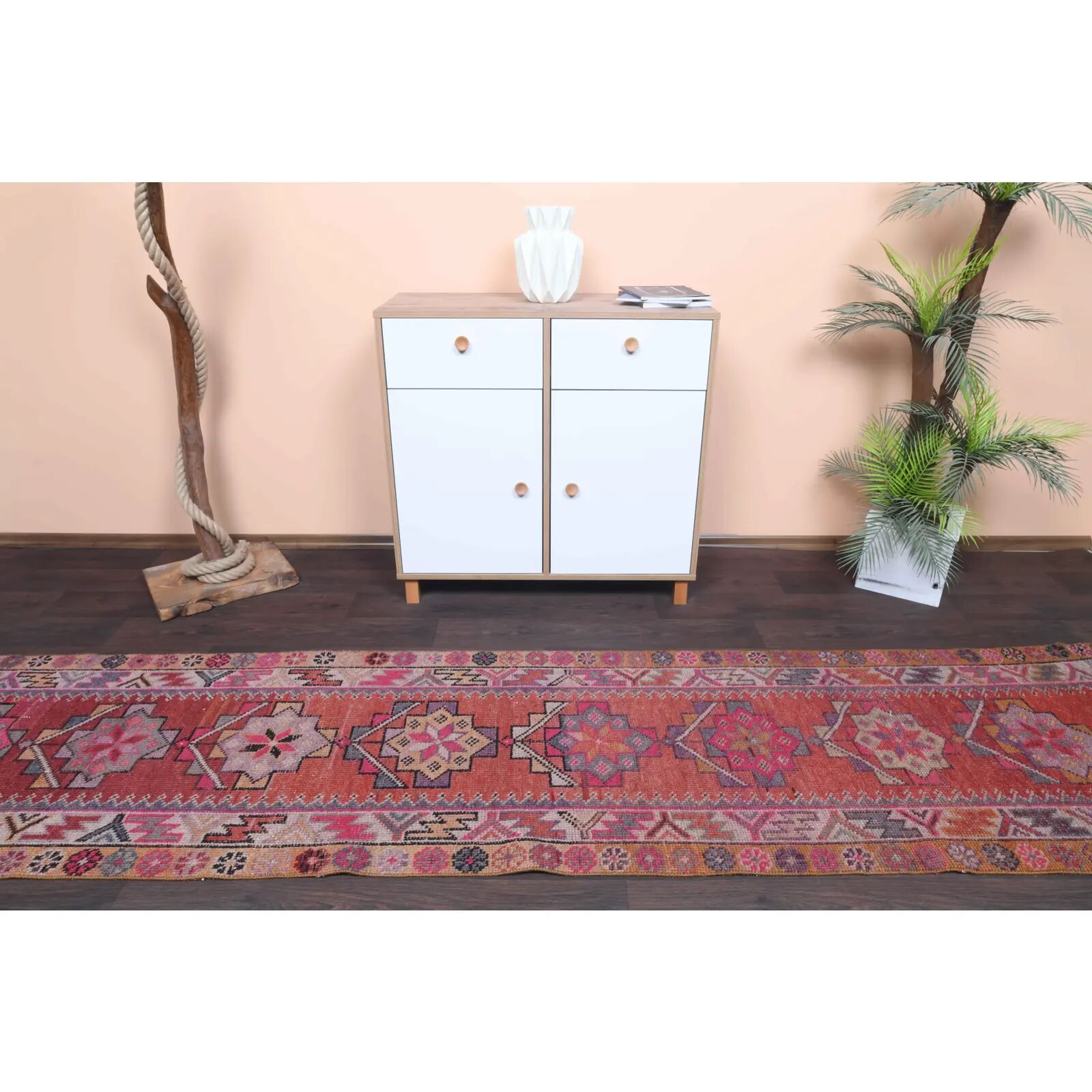 Vintage Turkish hand-knotted wool cotton red runner rug 83x362
