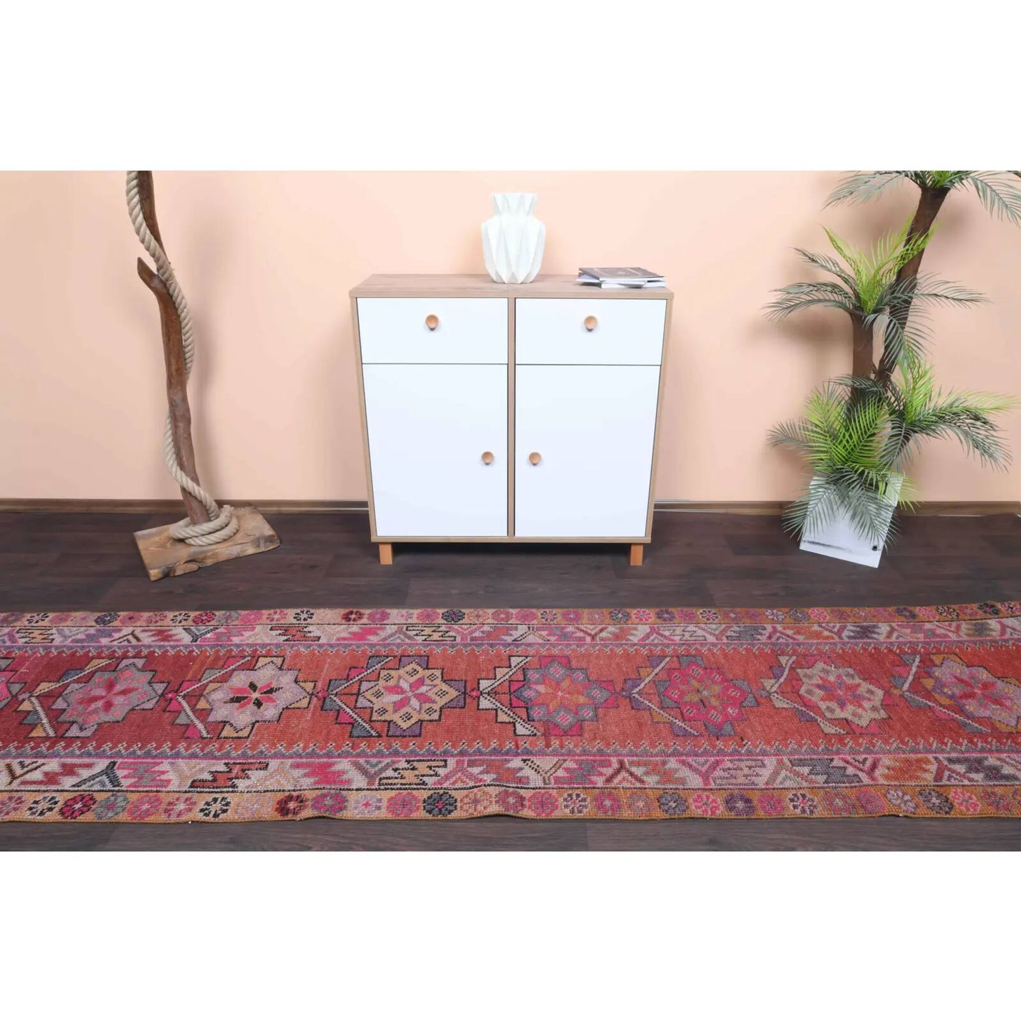 Vintage Turkish hand-knotted wool cotton red runner rug 83x362