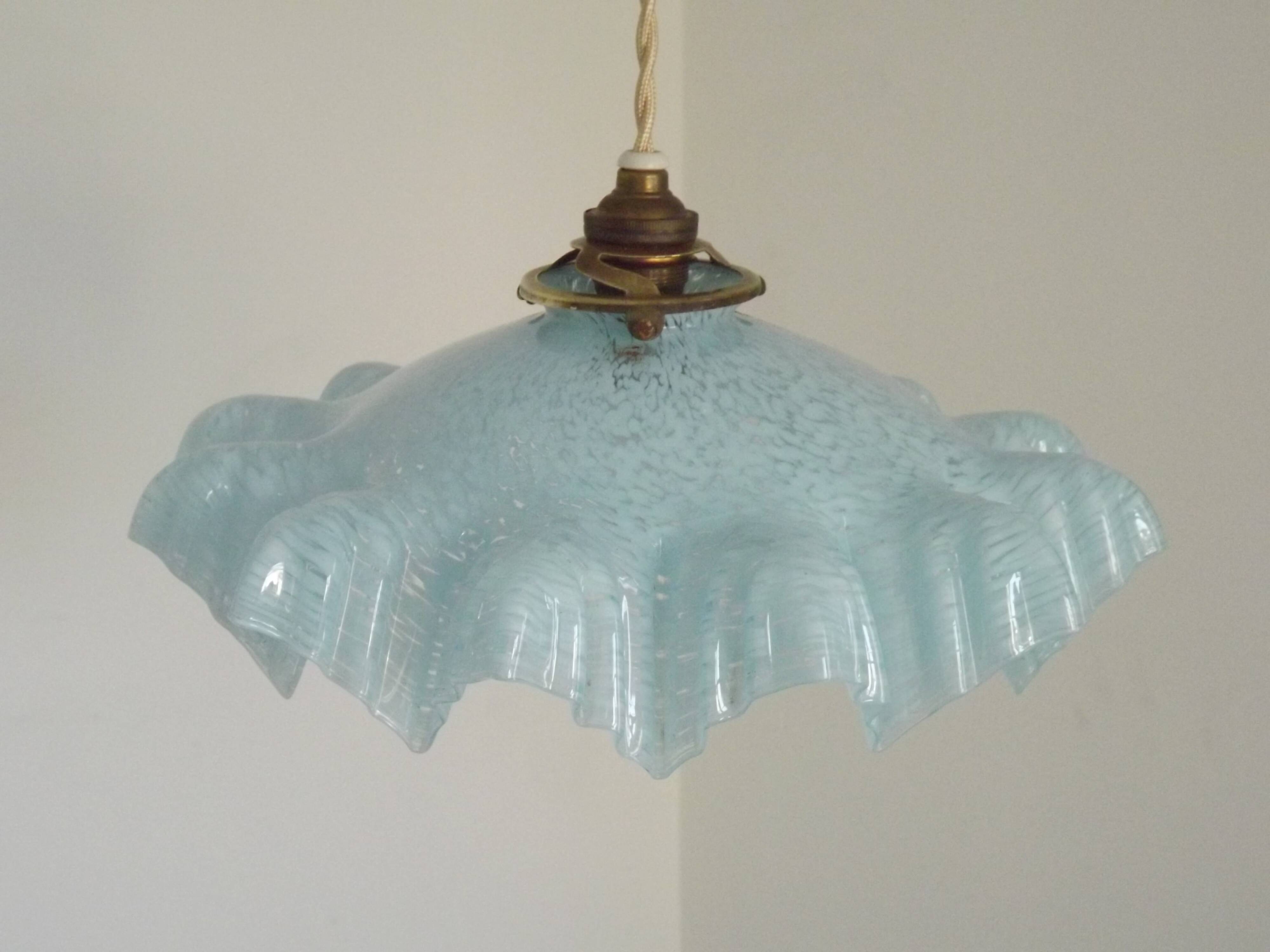 French Vintage 1930s Pale Blue Frilled Clichy Glass Lampshade Ceiling Light