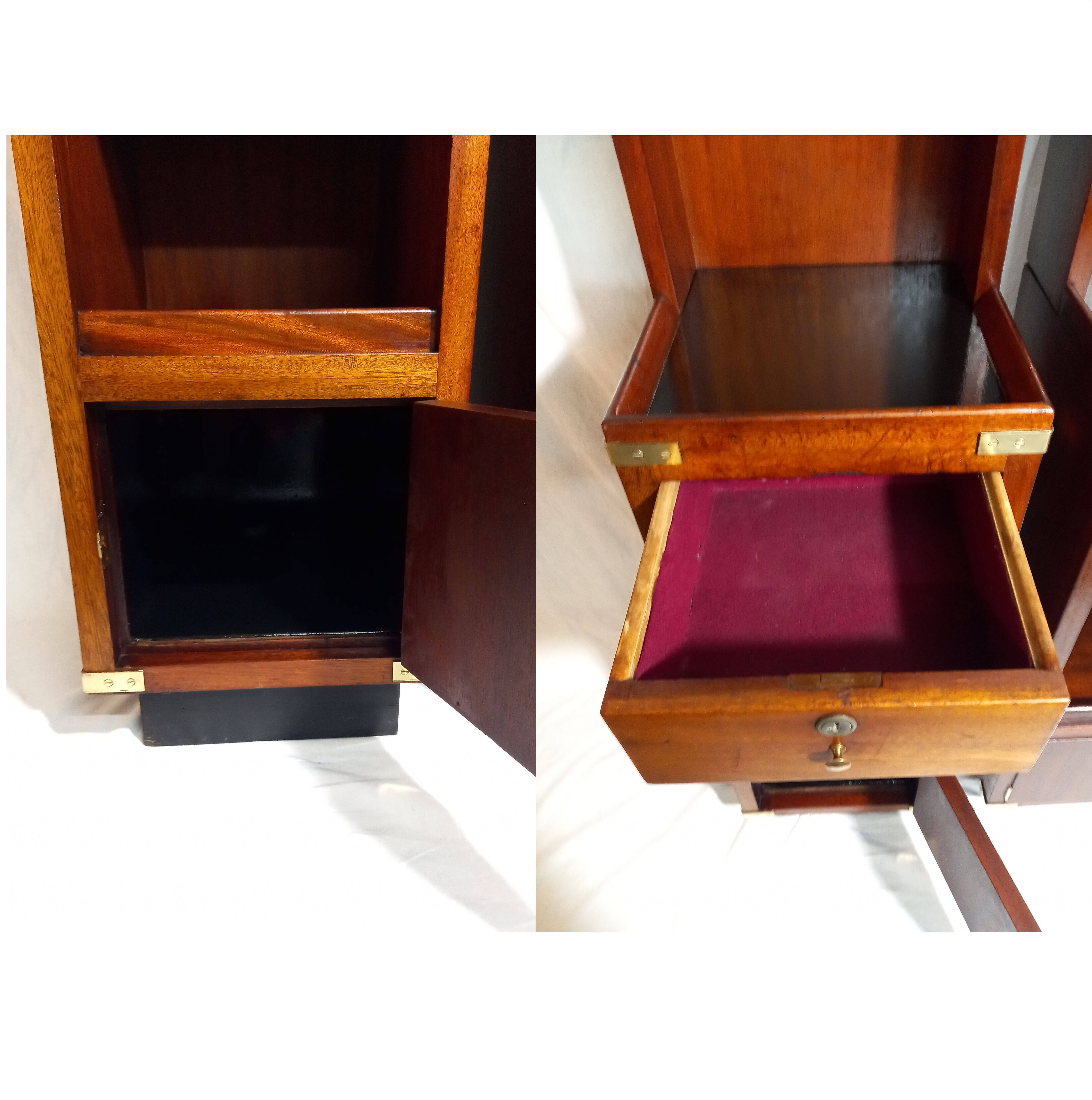 Pair of bedside tables with mahogany and brass shelf