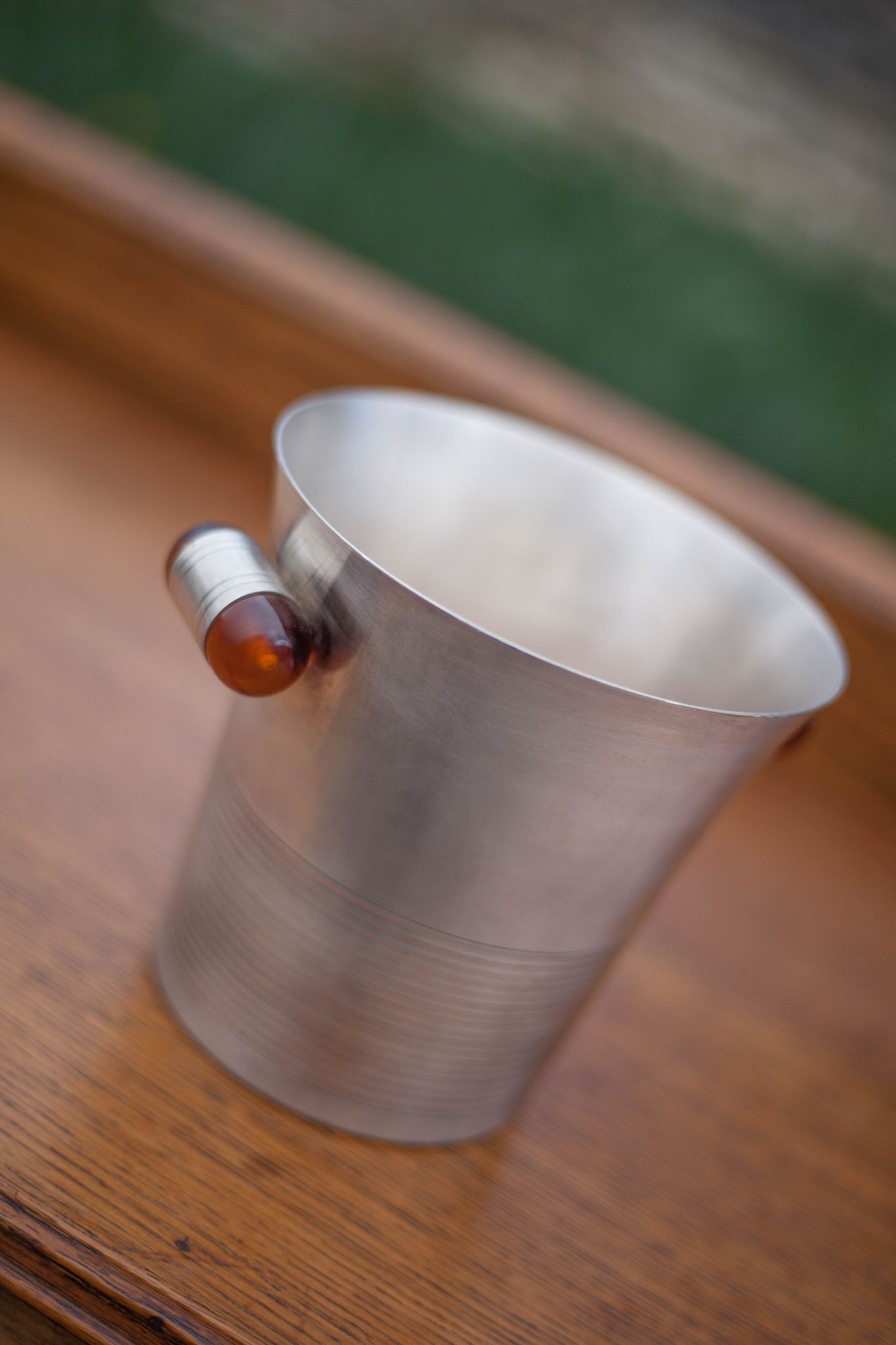 Art Deco ice bucket, silver metal ice bucket Bakelite handles