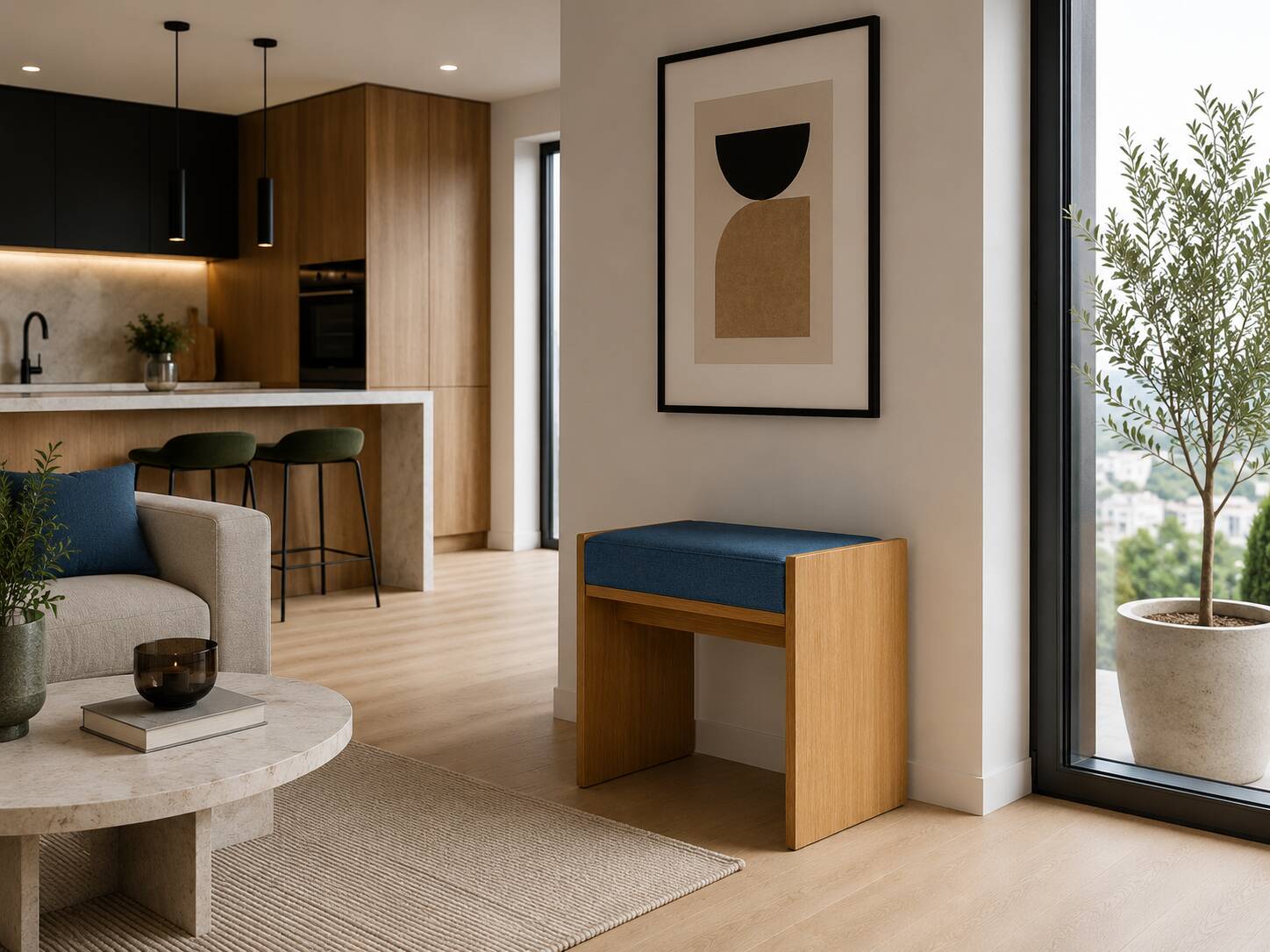 Solid oak stool with cushion (customisable)