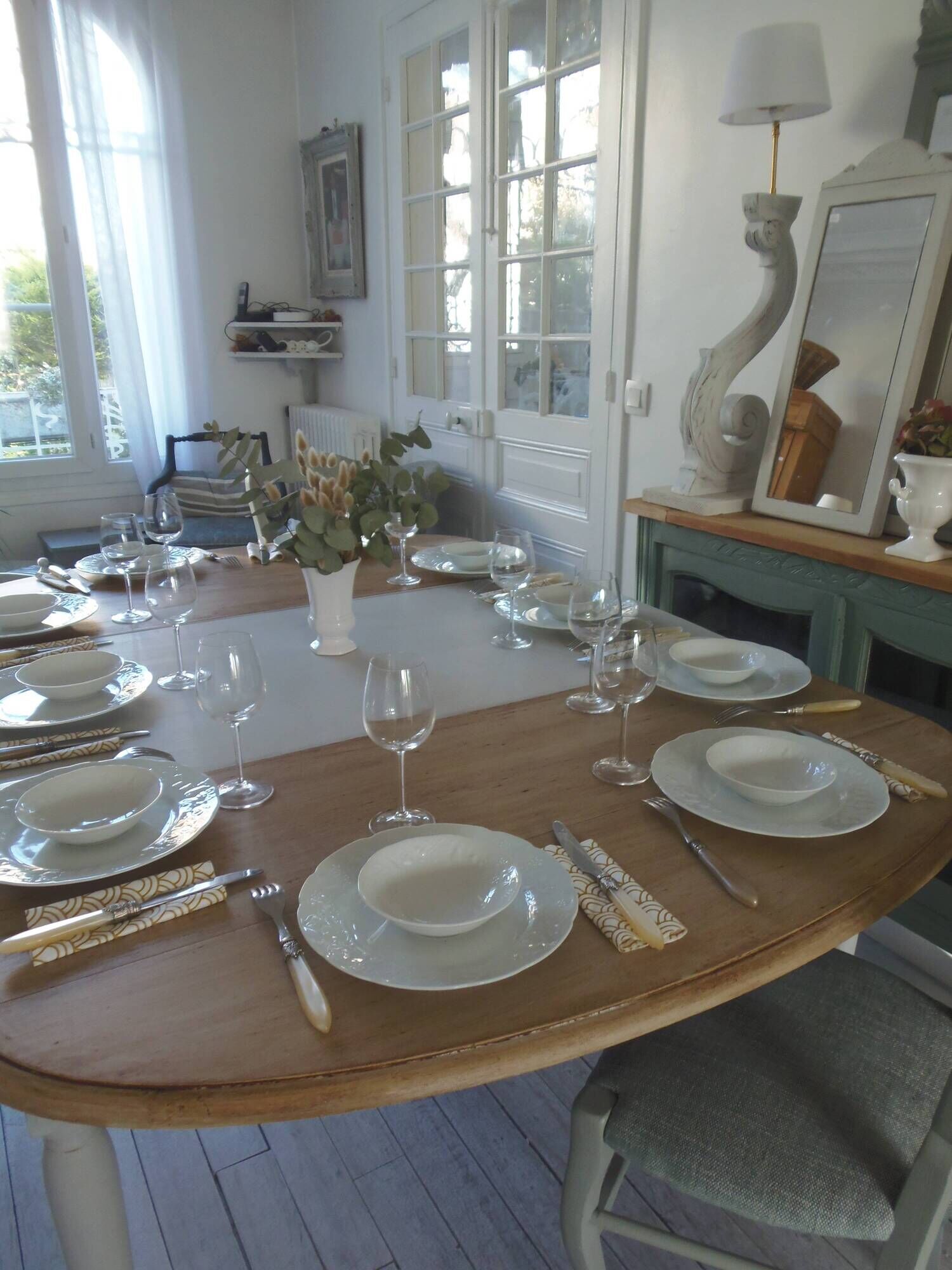 Flap table, pearl gray patinated base, medium oak waxed top.