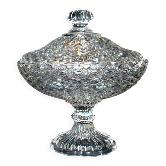 Large oval bonbonnière/dragee dish in molded crystal with diamond and pearl decoration, circa 1900