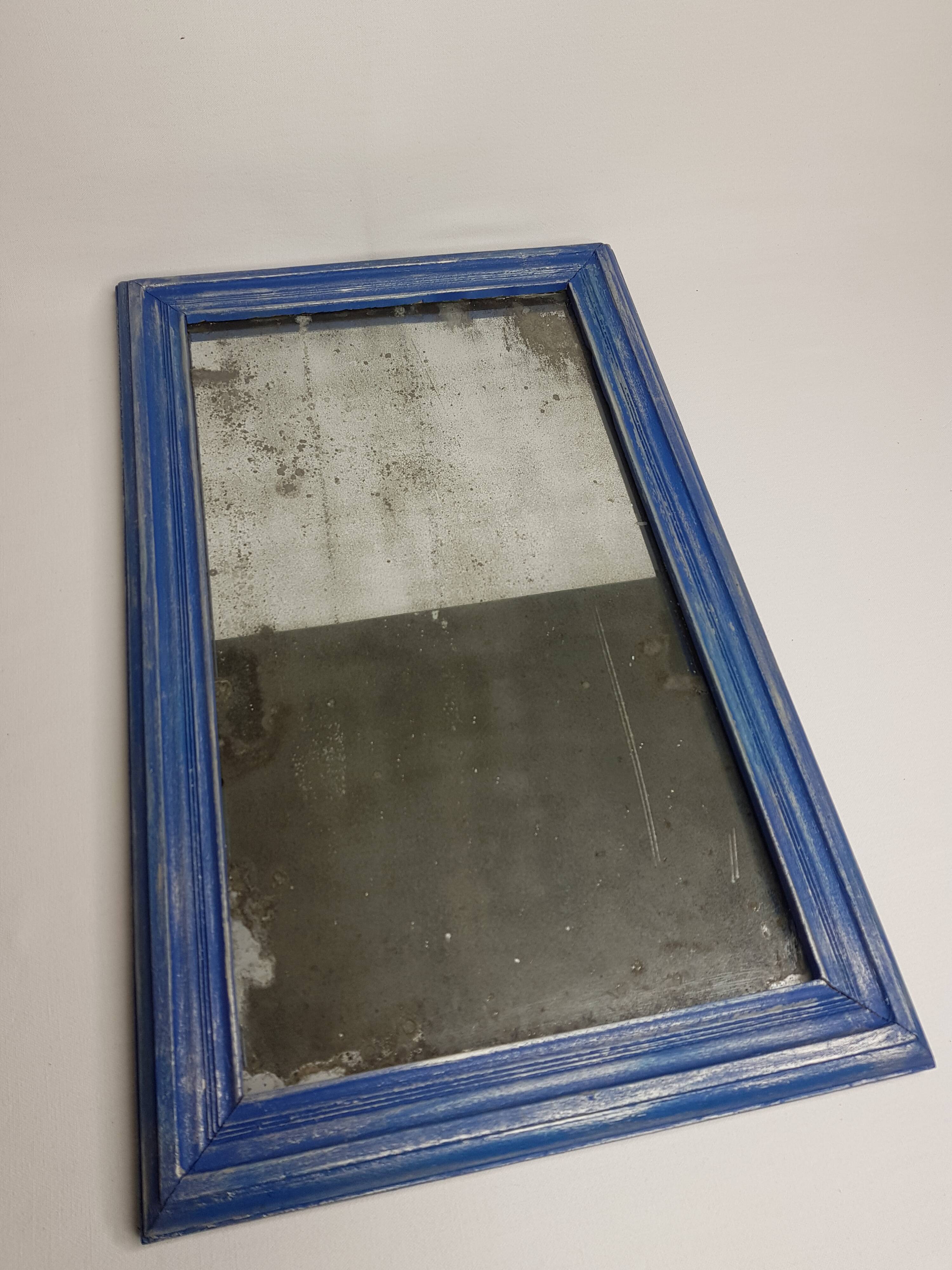 Old rectangular mirror, blue and silver patina, 46 cm