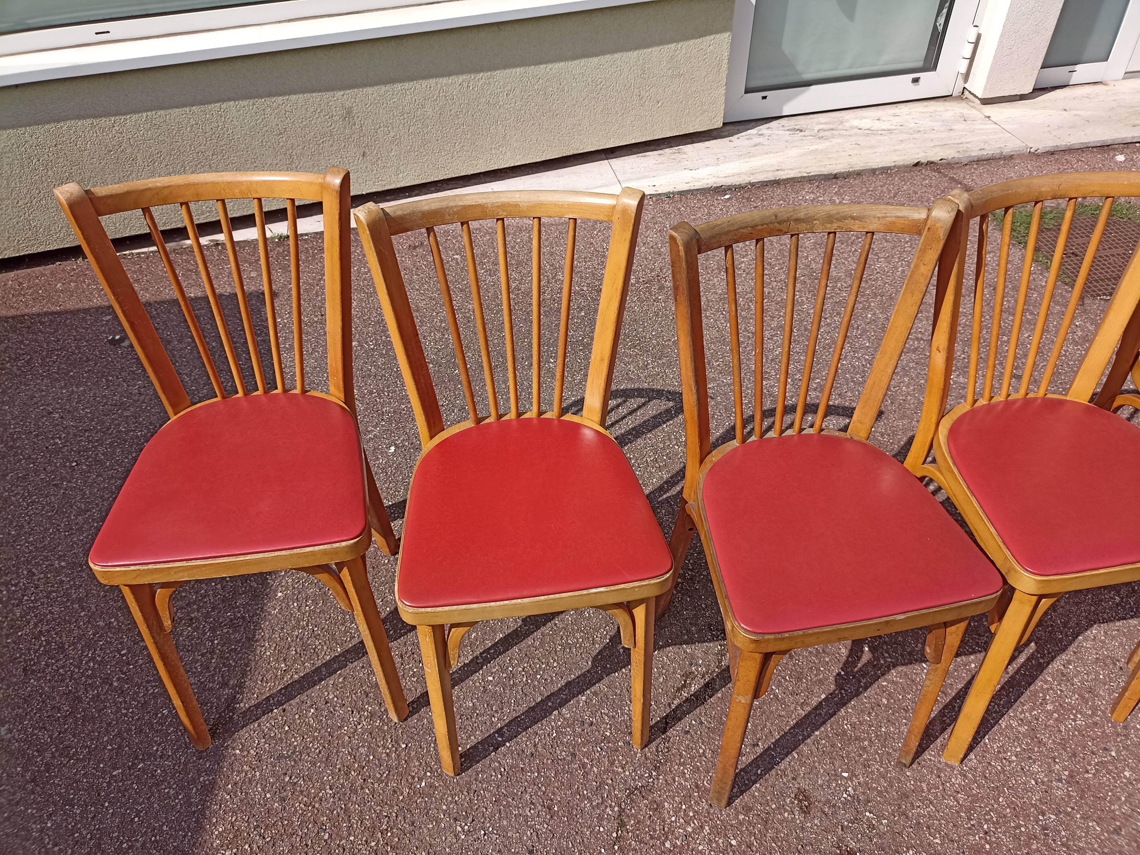 6 baumann bistro chairs wood and skaï red - vintage