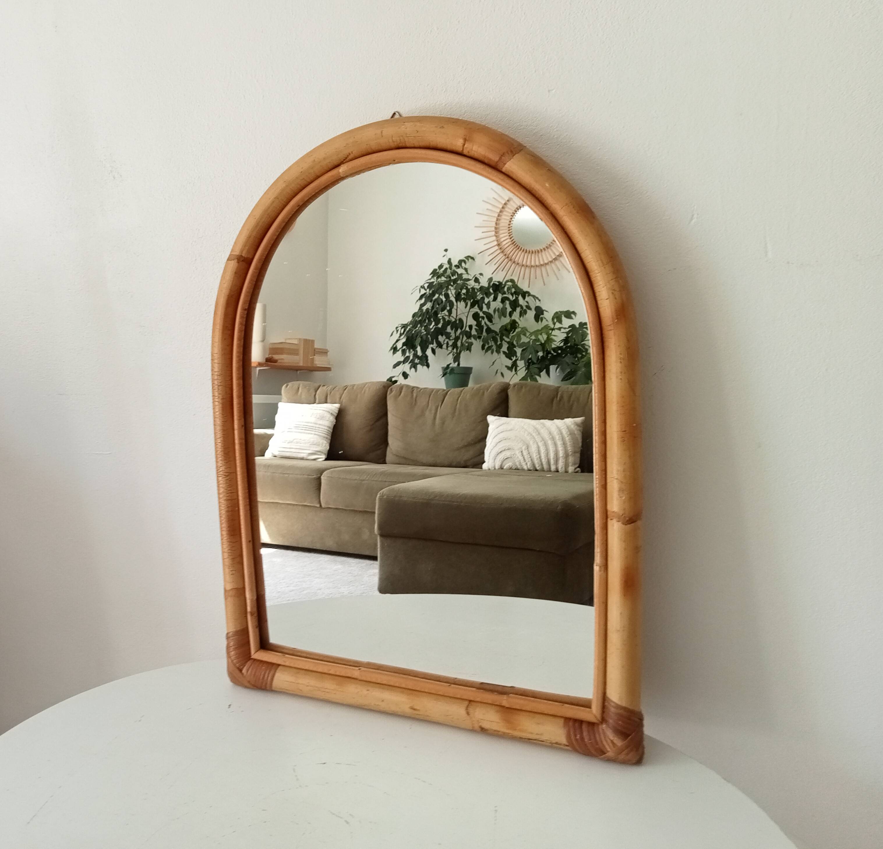 Vintage bohemian arch mirror in bamboo and rattan