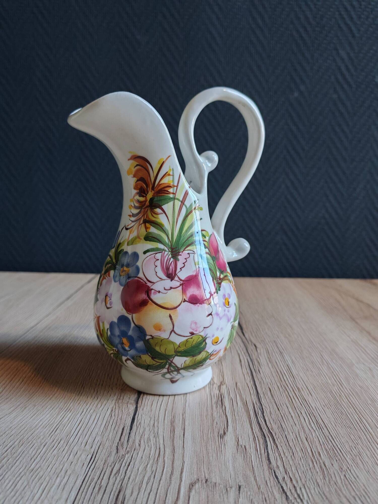 Vintage Ceramic Jug Hand-Painted Multicoloured Floral Decor, Ewer