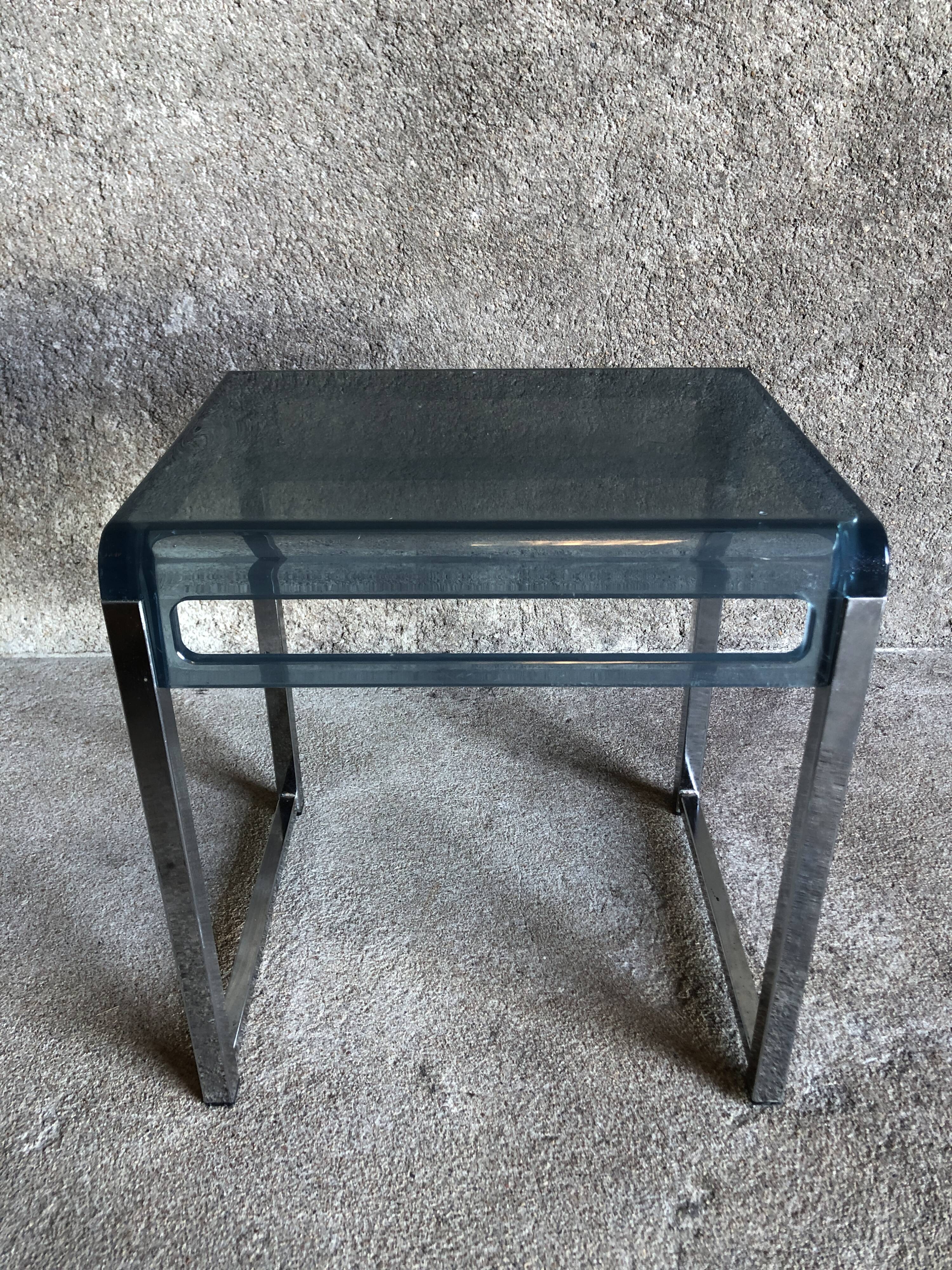 Bedside table in blue plexiglass and chrome metal, 1970